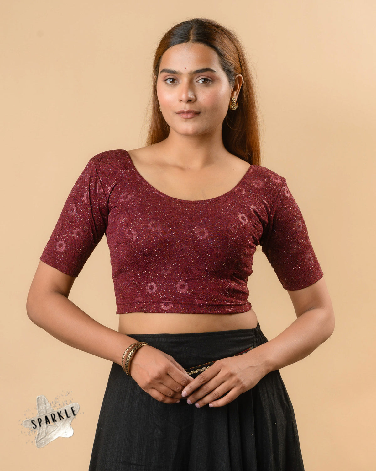 Daisy wine embossed floral glitter jacquard readymade blouse with round neck by Advi - front