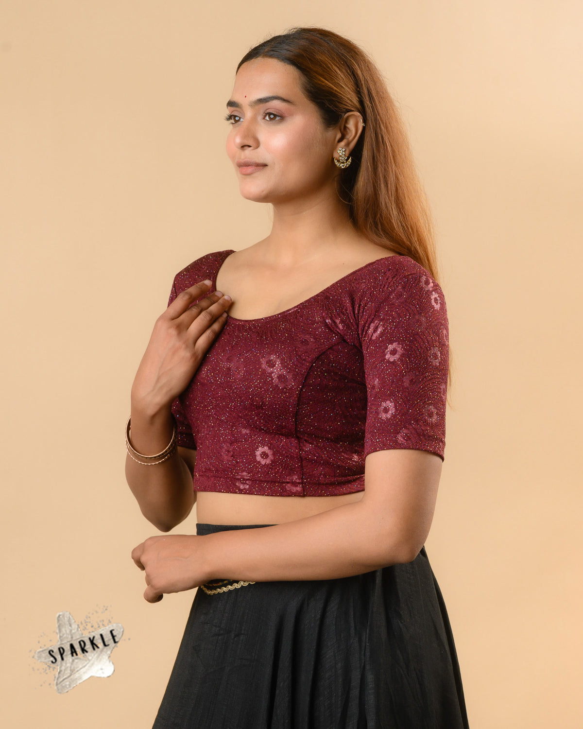 Daisy wine glitter floral blouse side view with elbow sleeves by Advi - side