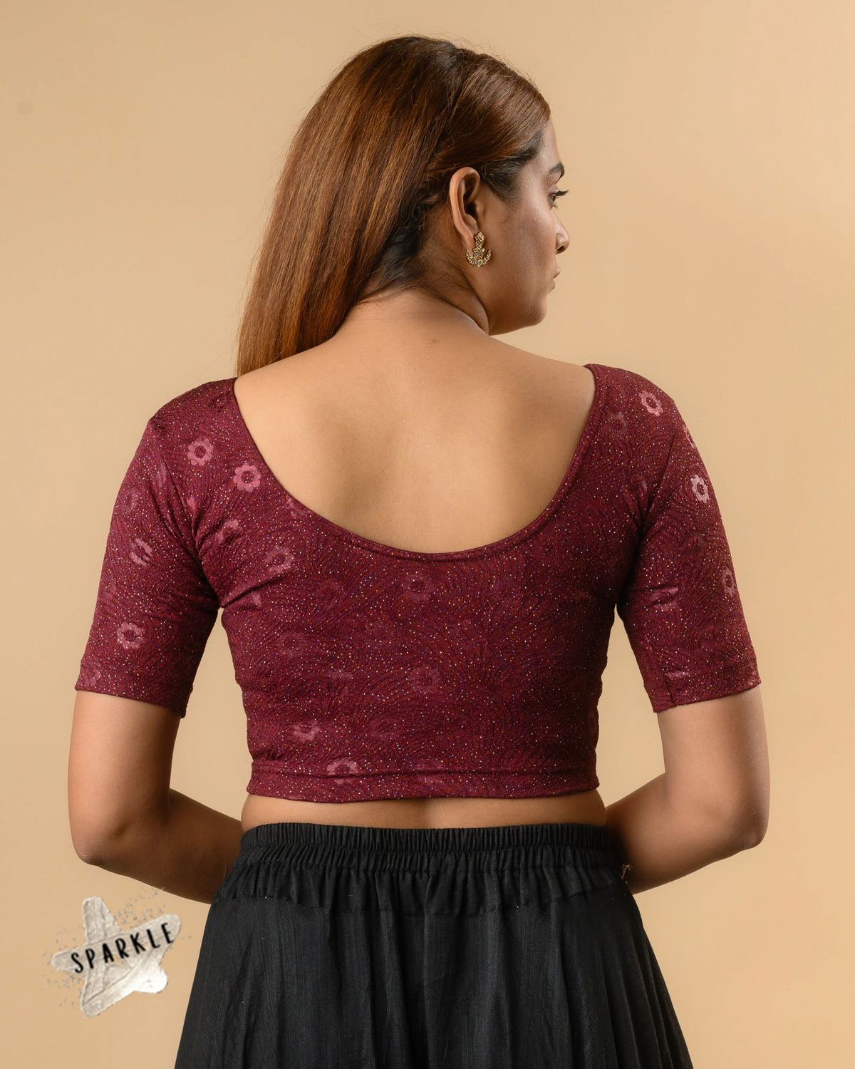 Daisy wine stretch blouse showing the deep round back by Advi - back