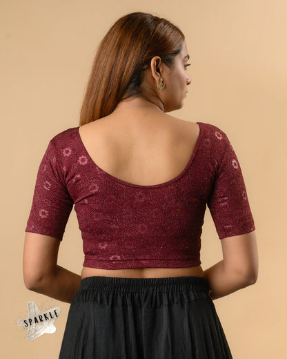 Daisy wine stretch blouse showing the deep round back by Advi - back