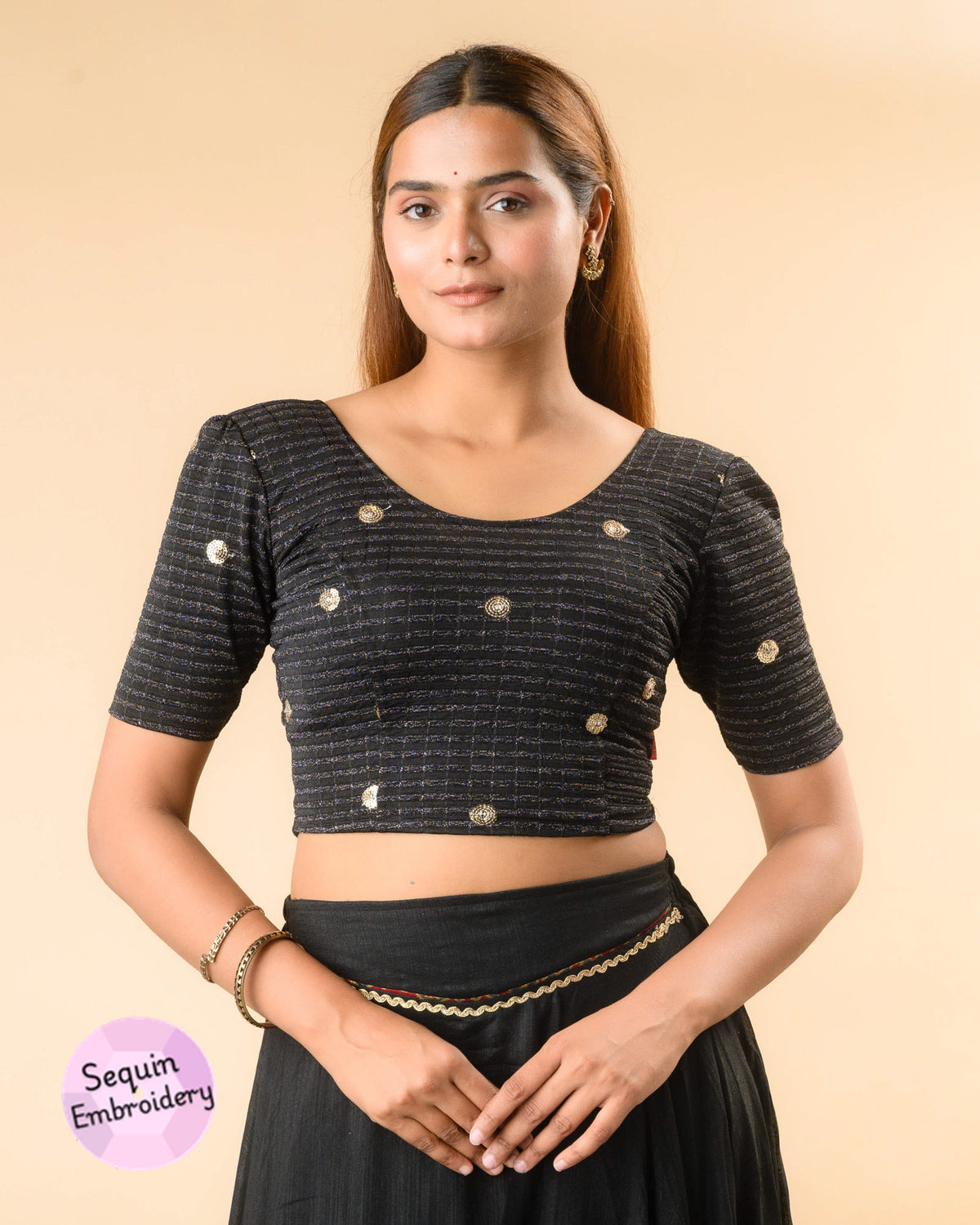 Damini black sequin stripe blouse with puff sleeves and scoop neck by Advi - front