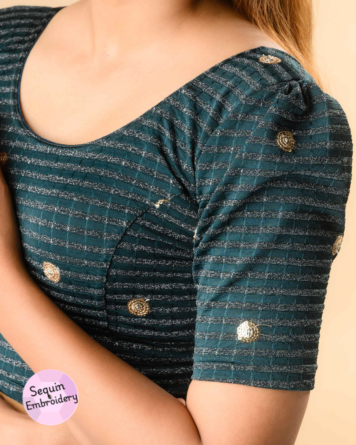 Damini bottle green blouse close up of sequin motifs and zari stripes by Advi - detail