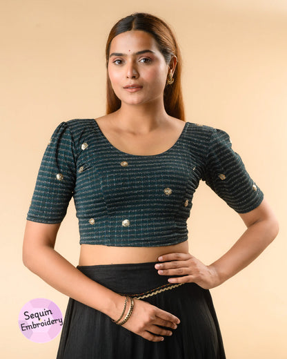 Damini bottle green sequin stripe blouse with puff sleeves and scoop neck by Advi - front