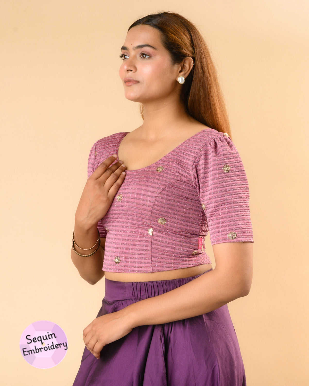 Damini dark onion blouse showing the soft puff sleeve by Advi - side