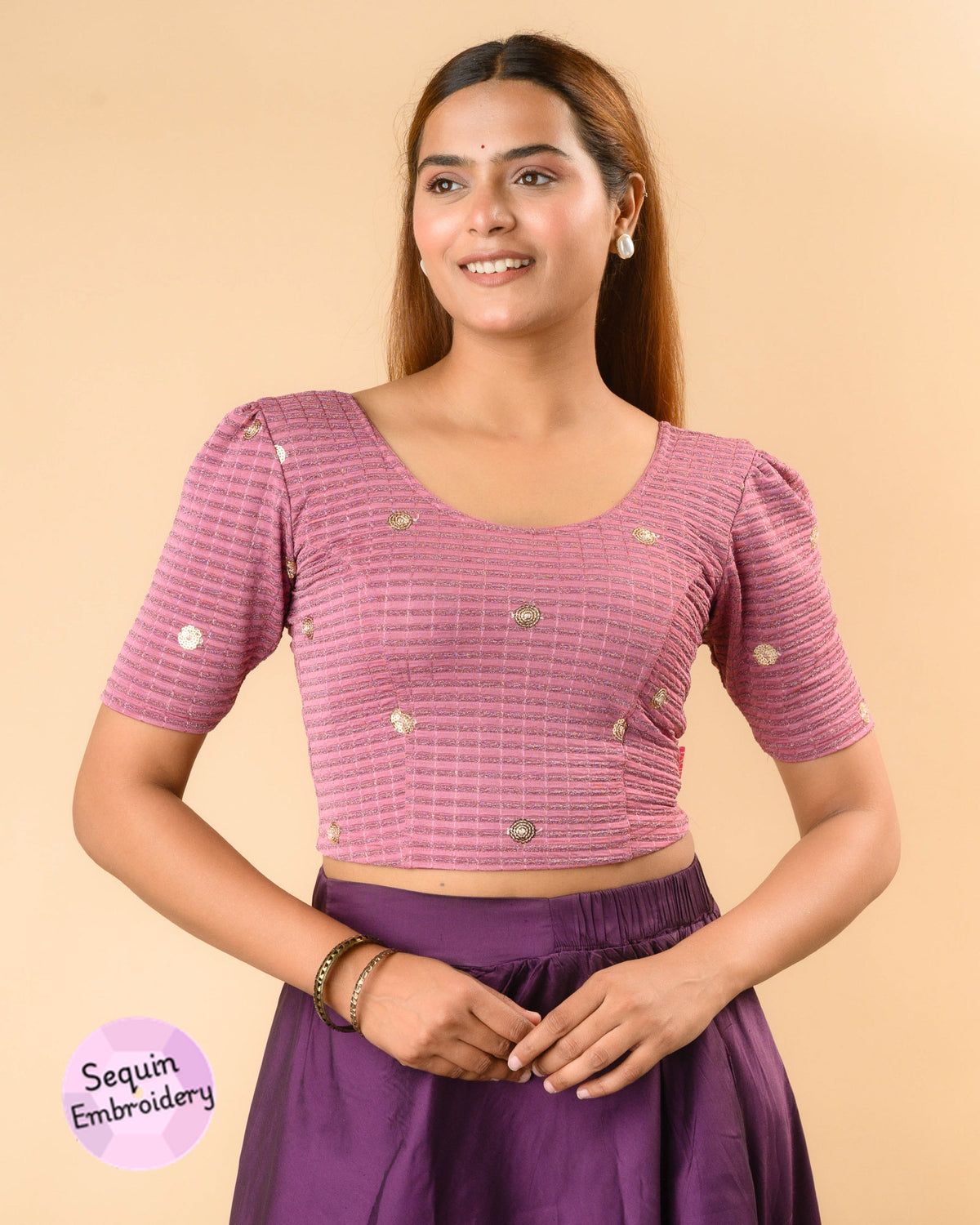 Damini dark onion sequin stripe blouse with puff sleeves and scoop neck by Advi - front
