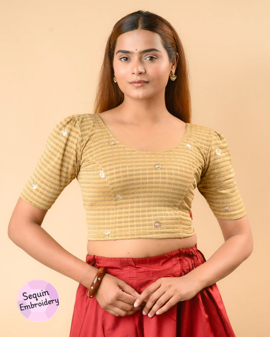 Damini fawn sequin stripe blouse with puff sleeves and scoop neck by Advi - front