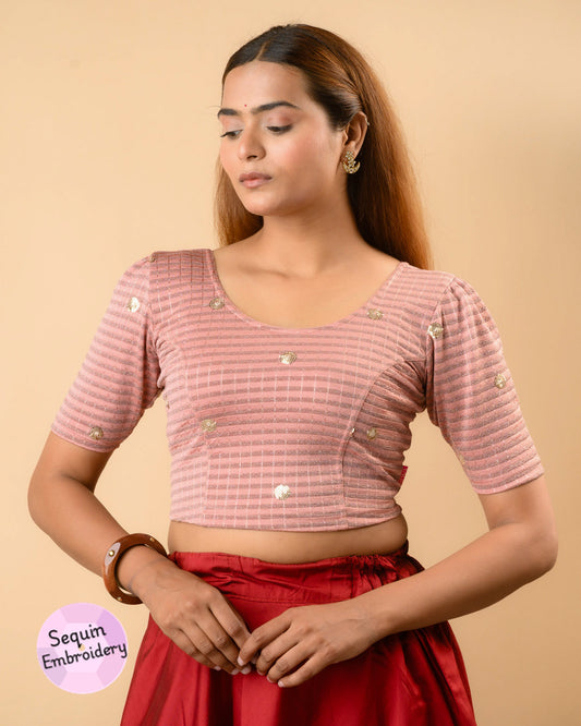 Damini light onion sequin stripe blouse with puff sleeves and scoop neck by Advi - front