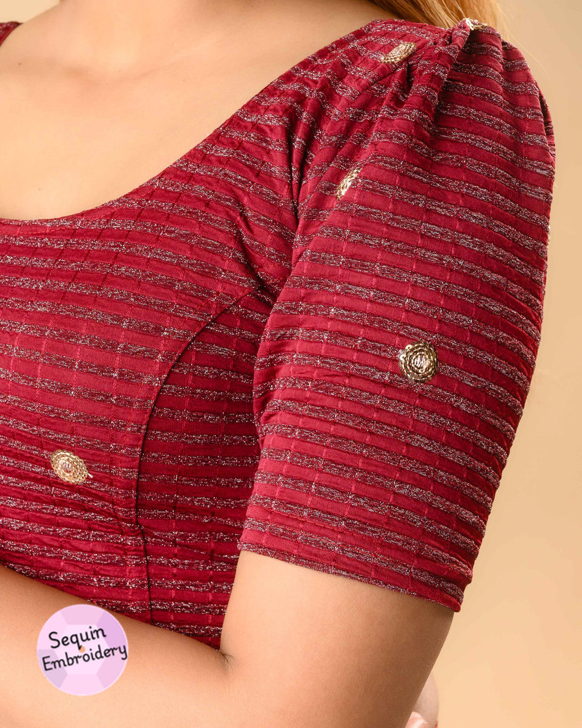 Damini maroon blouse close up of sequin motifs and zari stripes by Advi - detail