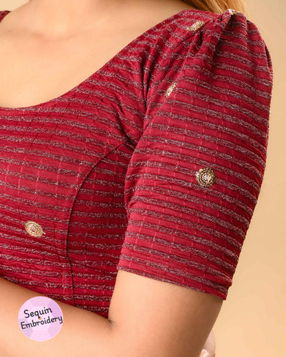 Damini maroon blouse close up of sequin motifs and zari stripes by Advi - detail