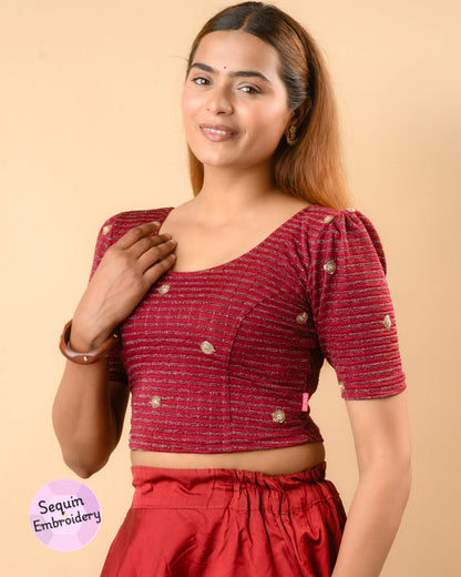 Damini maroon blouse showing the soft puff sleeve by Advi - side