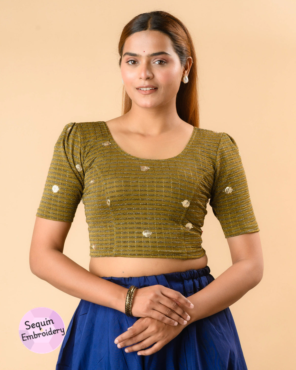 Damini mehendi sequin stripe blouse with puff sleeves and scoop neck by Advi - front