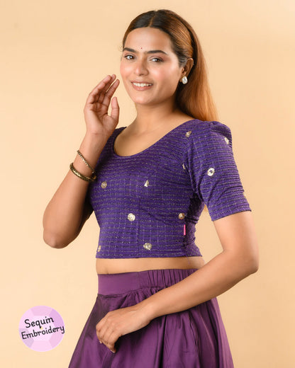 Damini purple blouse showing the soft puff sleeve by Advi - side