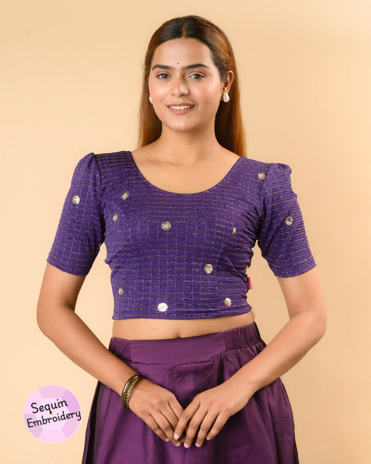 Damini purple sequin stripe blouse with puff sleeves and scoop neck by Advi - front