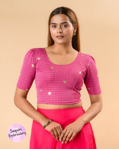 Damini rani sequin stripe blouse with puff sleeves and scoop neck by Advi - front