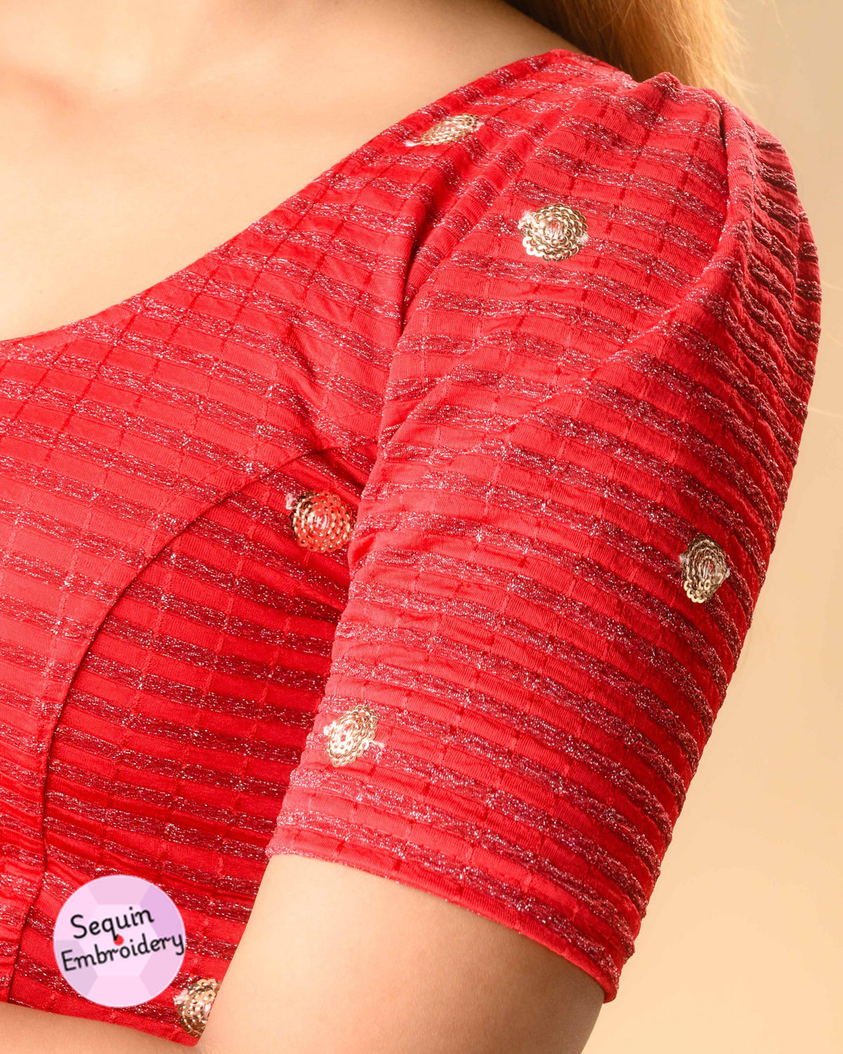 Damini red blouse close up of sequin motifs and zari stripes by Advi - detail