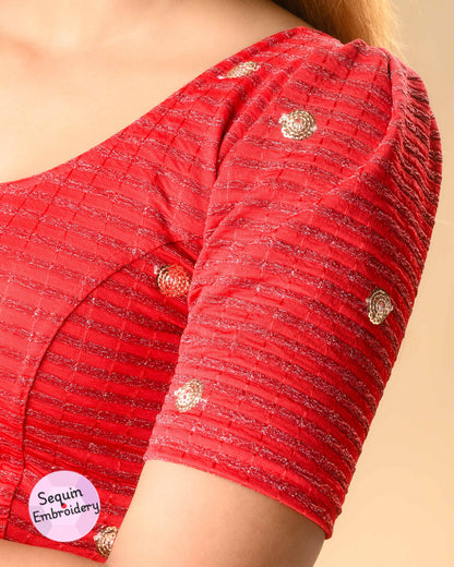 Damini red blouse close up of sequin motifs and zari stripes by Advi - detail