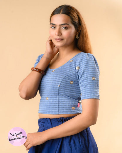 Damini steel blue blouse showing the soft puff sleeve by Advi - side