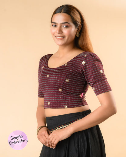 Damini wine blouse showing the soft puff sleeve by Advi - side