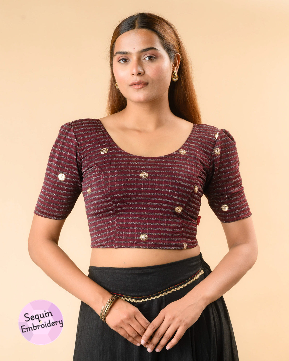 Damini wine sequin stripe blouse with puff sleeves and scoop neck by Advi - front
