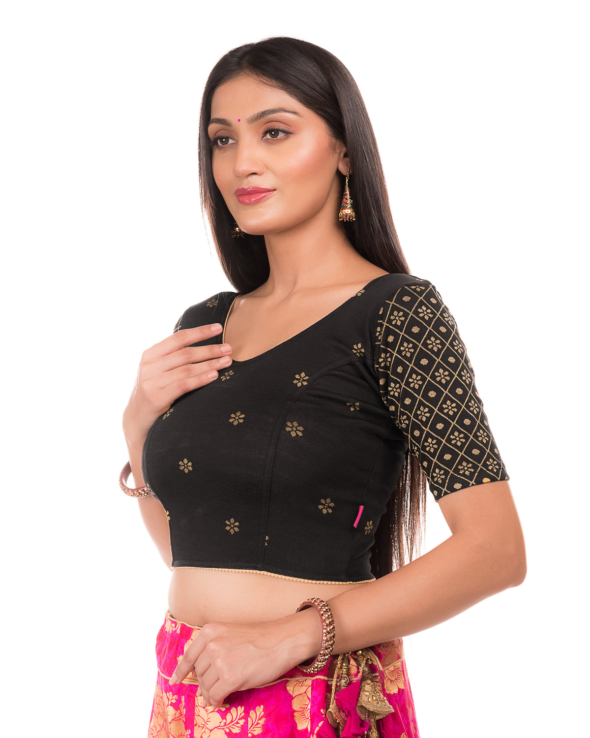 Dhaani Black Cotton Floral Two tone Stretchbale Blouse Side by Advi - Side