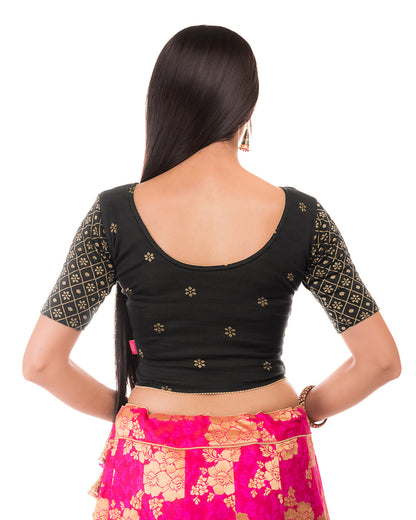 Dhaani Black Cotton Floral Two tone Stretchbale Blouse showing the back by Advi - back