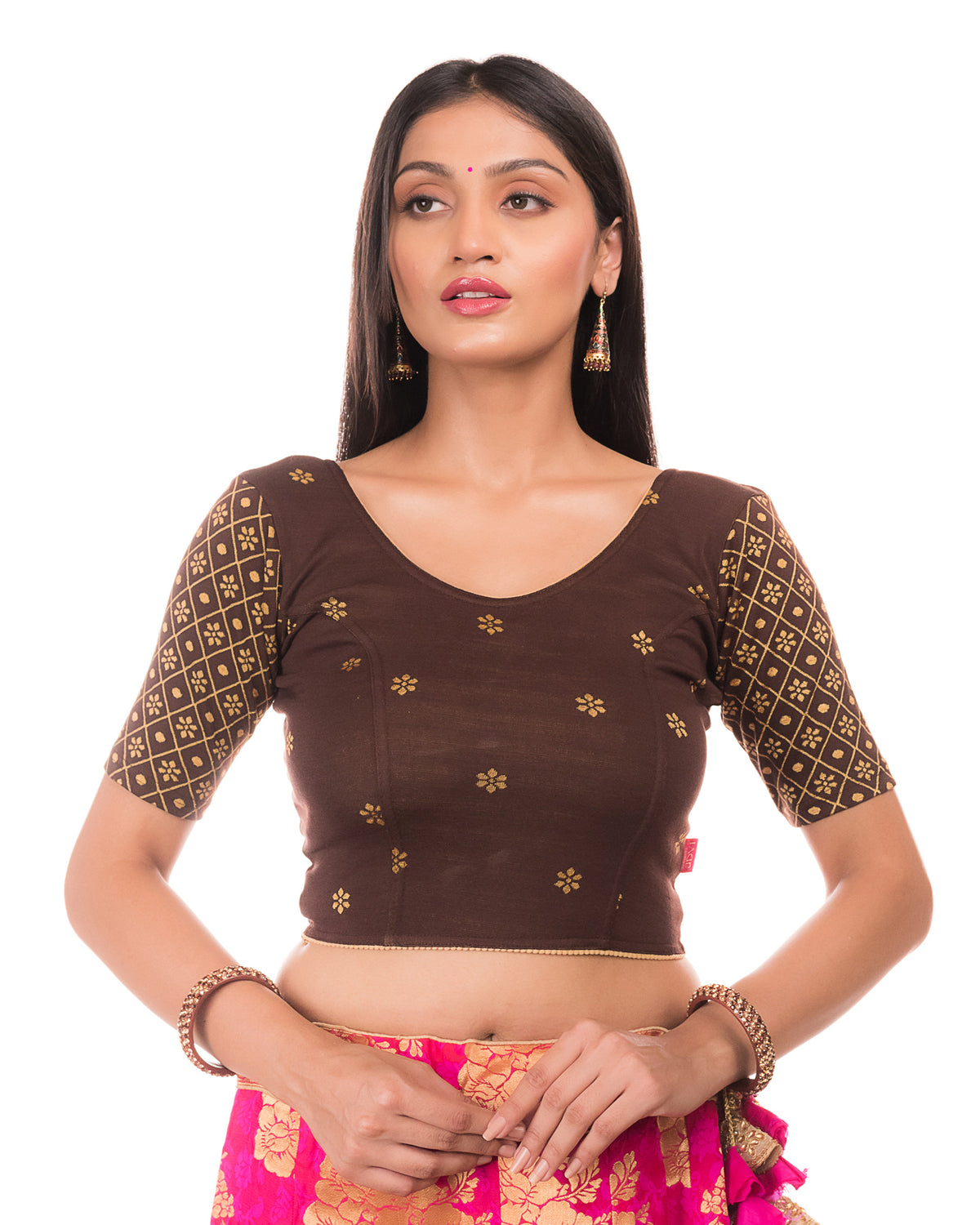 Dhaani Coffee Cotton Floral Two tone Stretchbale Blouse Advi - front