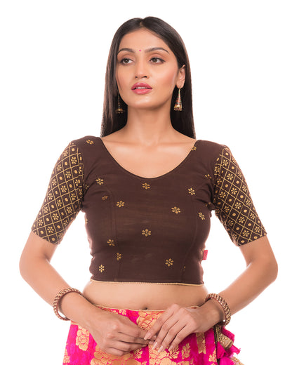 Dhaani Coffee Cotton Floral Two tone Stretchbale Blouse Advi - front
