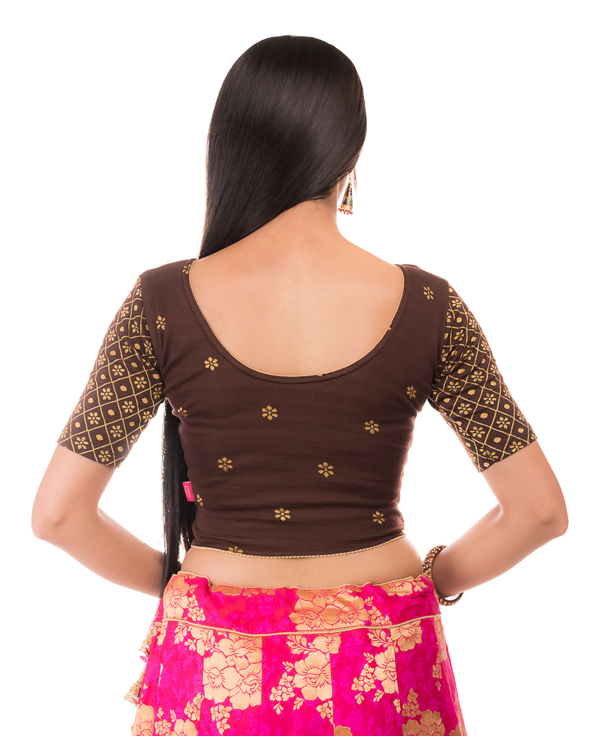 Dhaani Coffee Cotton Floral Two tone Stretchbale Blouse showing the back by Advi - back