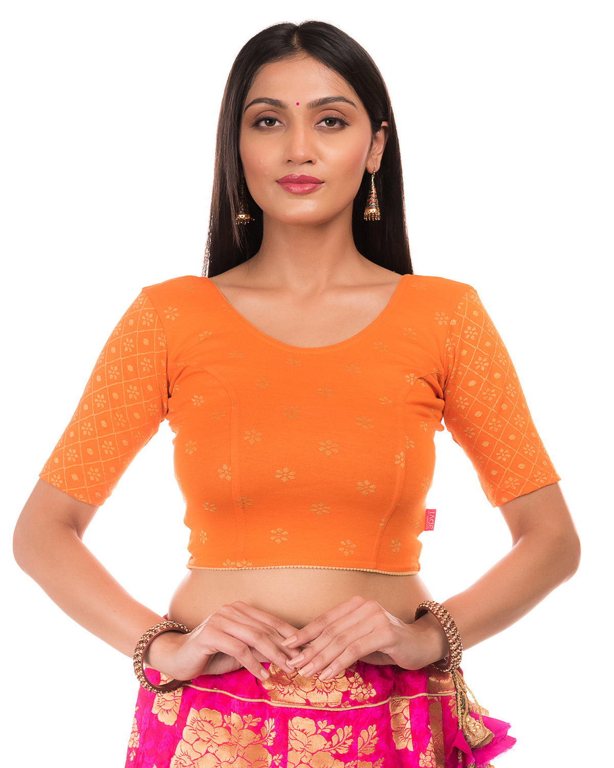 Dhaani Orange Cotton Floral Two tone Stretchbale Blouse Advi - front