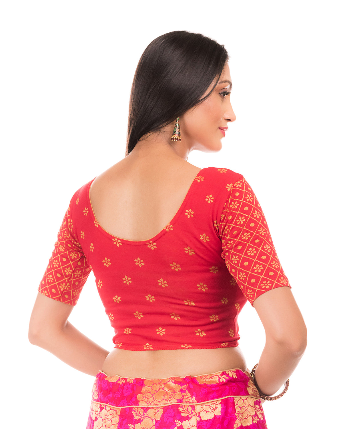 Dhaani Red Cotton Floral Two tone Stretchbale Blouse showing the back by Advi - back