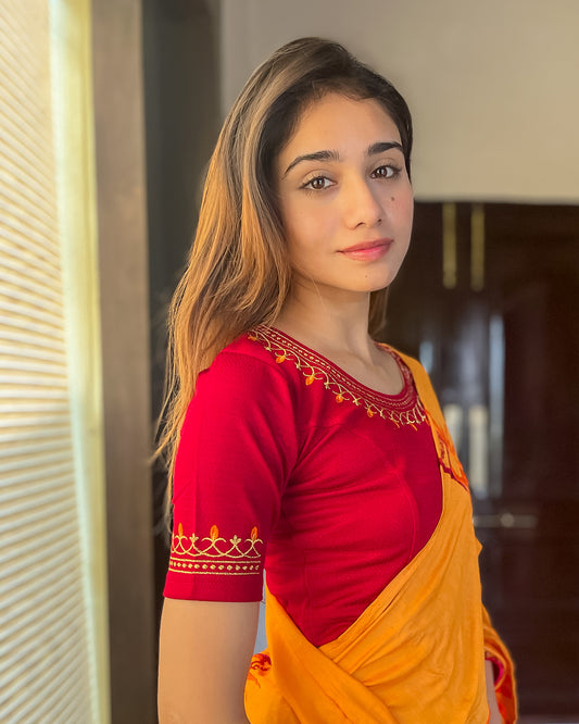 Jhankaar Dark Red Embroidered Round Neck Stretchable Blouse by Advi