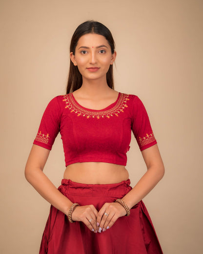 Jhankaar Dark Red Embroidered Round Neck Stretchable Blouse by Advi