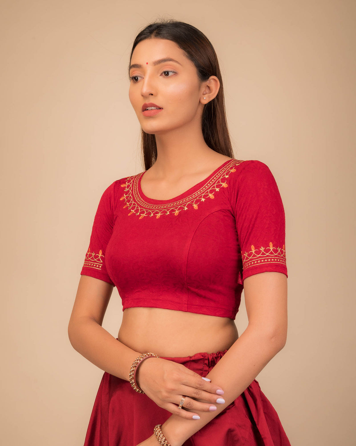Jhankaar Dark Red Embroidered Round Neck Stretchable Blouse by Advi