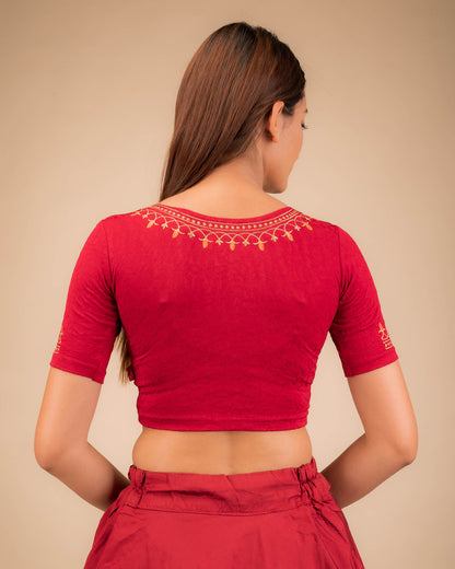 Jhankaar Dark Red Embroidered Round Neck Stretchable Blouse by Advi