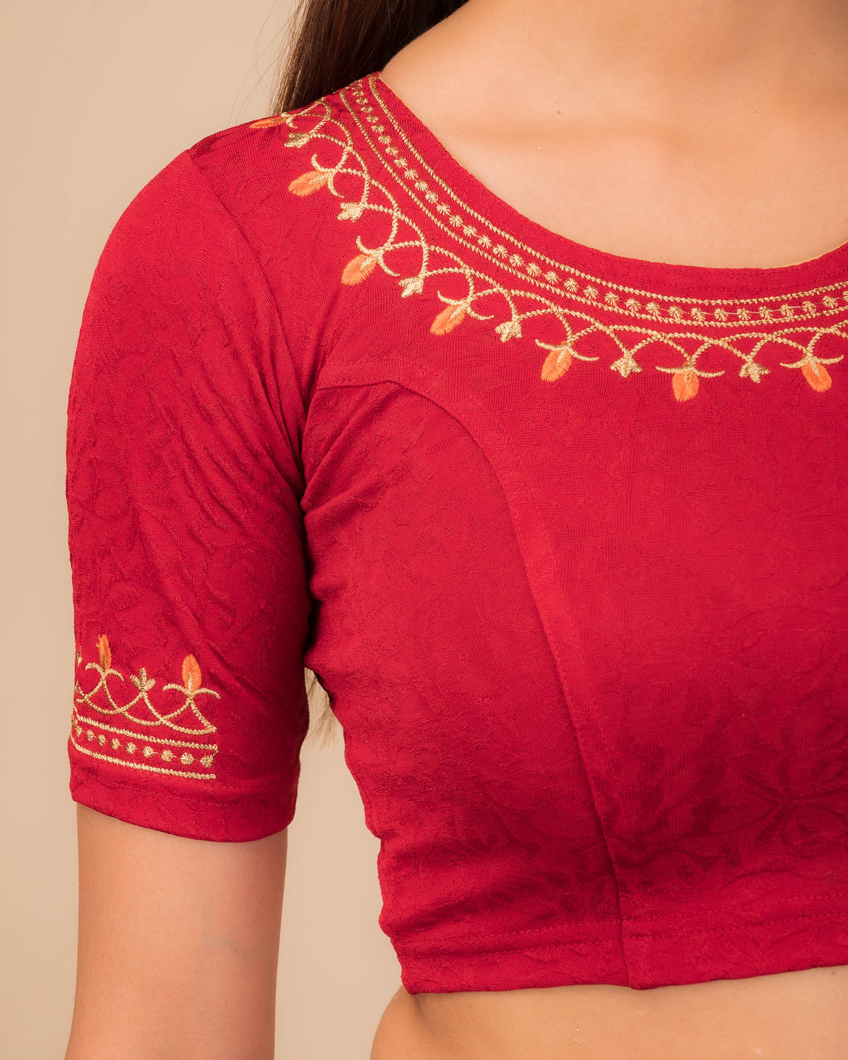 Jhankaar Dark Red Embroidered Round Neck Stretchable Blouse by Advi