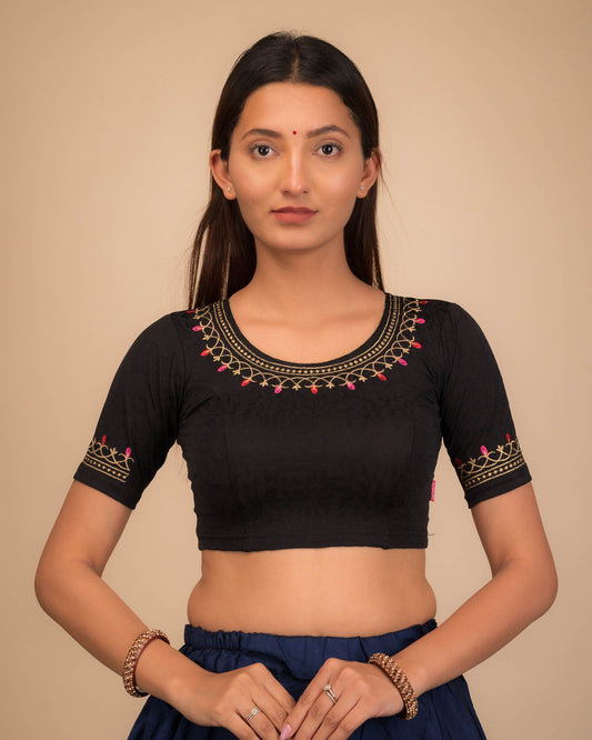 Jhankaar Black Embroidered Round Neck Stretchable Blouse by Advi