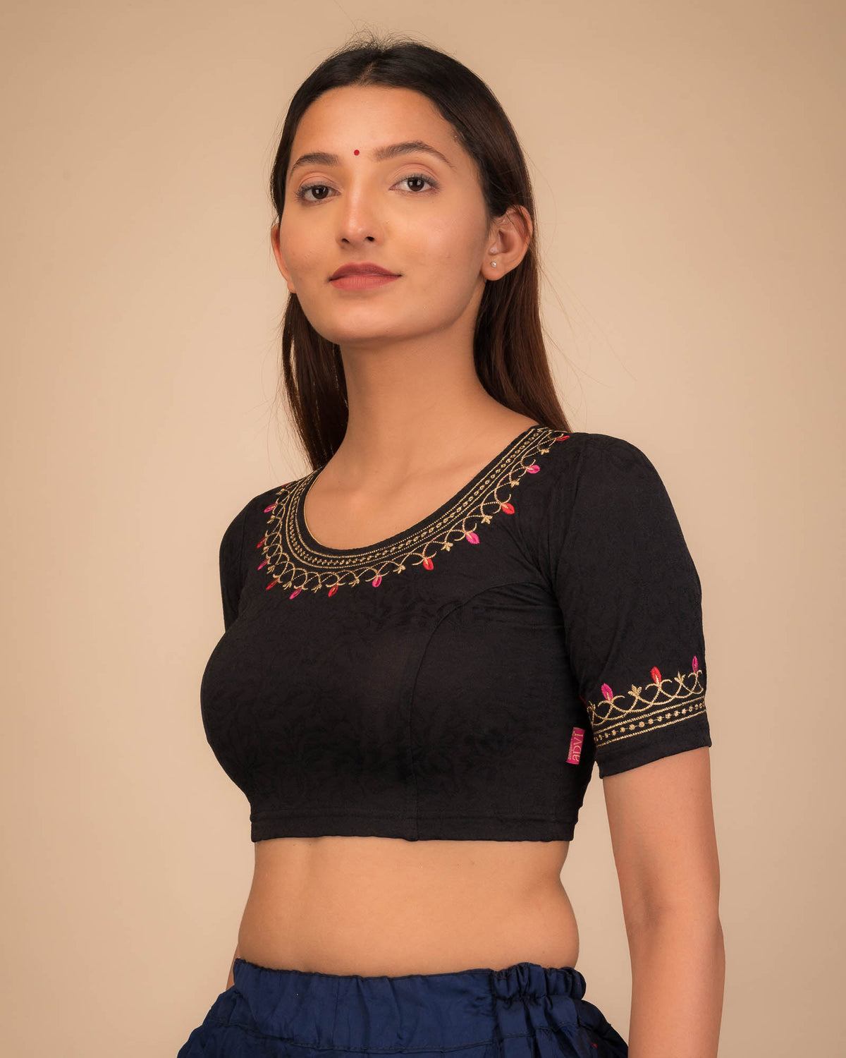 Jhankaar Black Embroidered Round Neck Stretchable Blouse by Advi