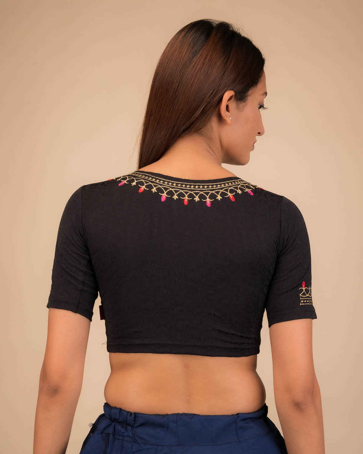 Jhankaar Black Embroidered Round Neck Stretchable Blouse by Advi