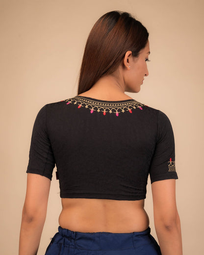 Jhankaar Black Embroidered Round Neck Stretchable Blouse by Advi