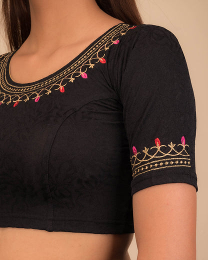 Jhankaar Black Embroidered Round Neck Stretchable Blouse by Advi