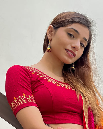 Jhankaar Maroon Embroidered Round Neck Stretchable Blouse by Advi