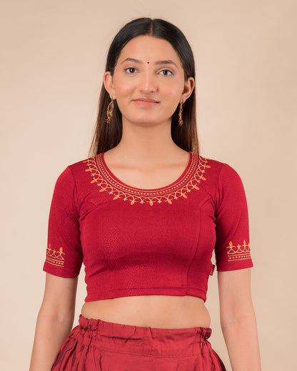 Jhankaar Maroon Embroidered Round Neck Stretchable Blouse by Advi