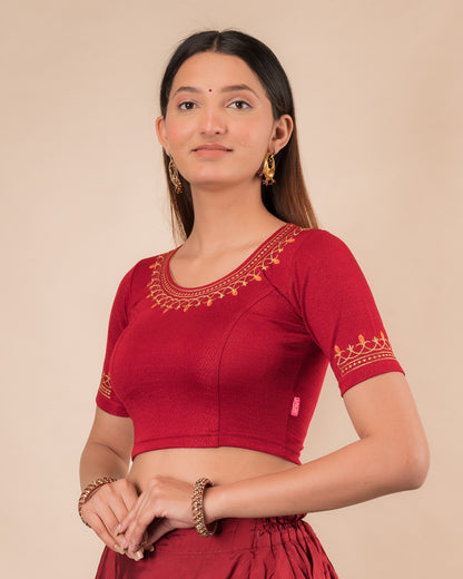Jhankaar Maroon Embroidered Round Neck Stretchable Blouse by Advi