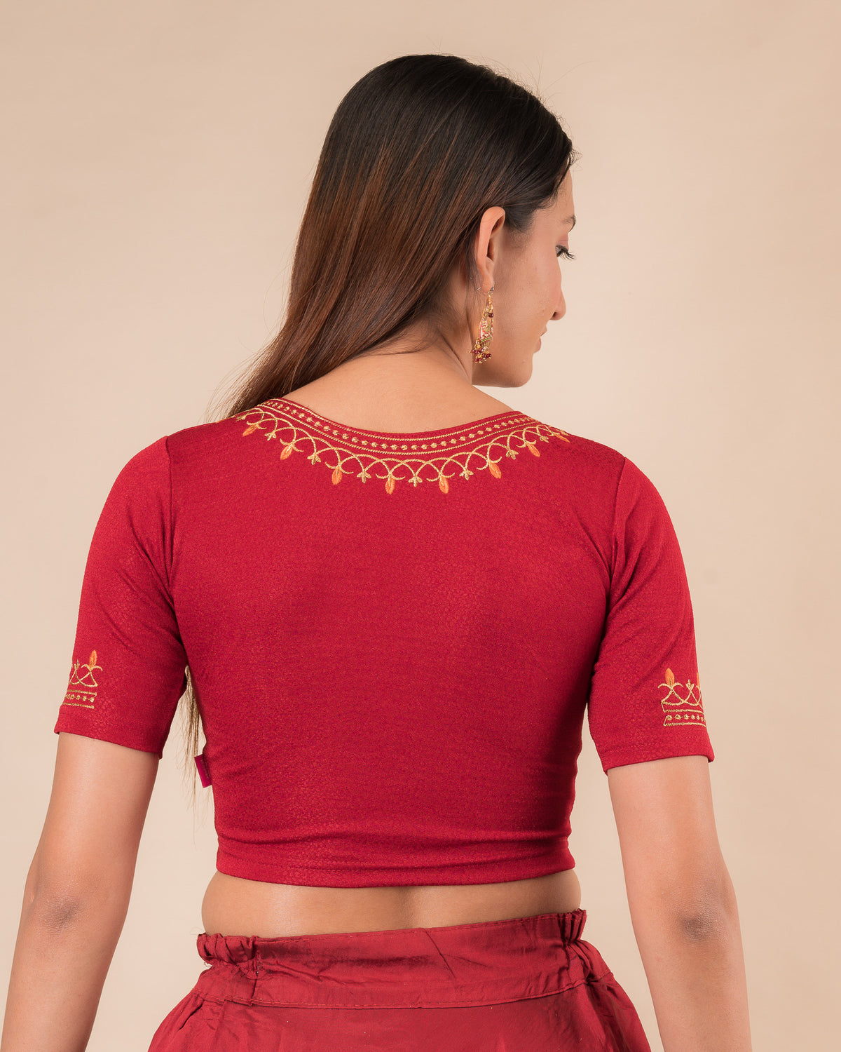 Jhankaar Maroon Embroidered Round Neck Stretchable Blouse by Advi