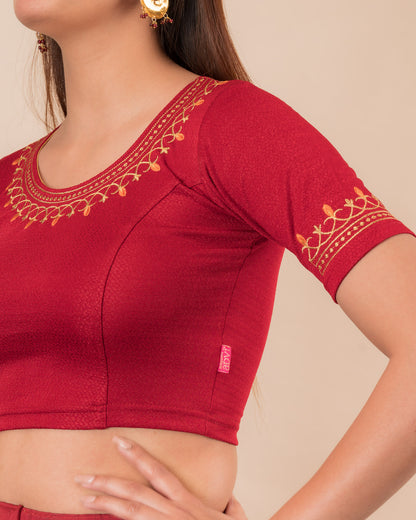 Jhankaar Maroon Embroidered Round Neck Stretchable Blouse by Advi