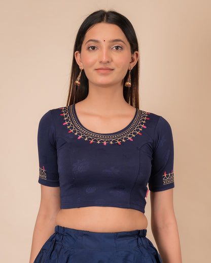 Jhankaar Navy Embroidered Round Neck Stretchable Blouse by Advi