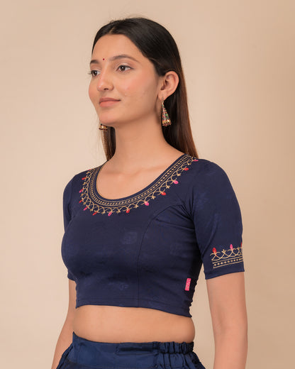 Jhankaar Navy Embroidered Round Neck Stretchable Blouse by Advi