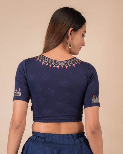 Jhankaar Navy Embroidered Round Neck Stretchable Blouse by Advi
