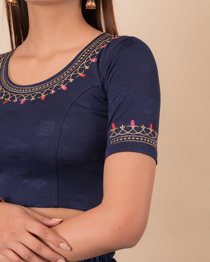 Jhankaar Navy Embroidered Round Neck Stretchable Blouse by Advi