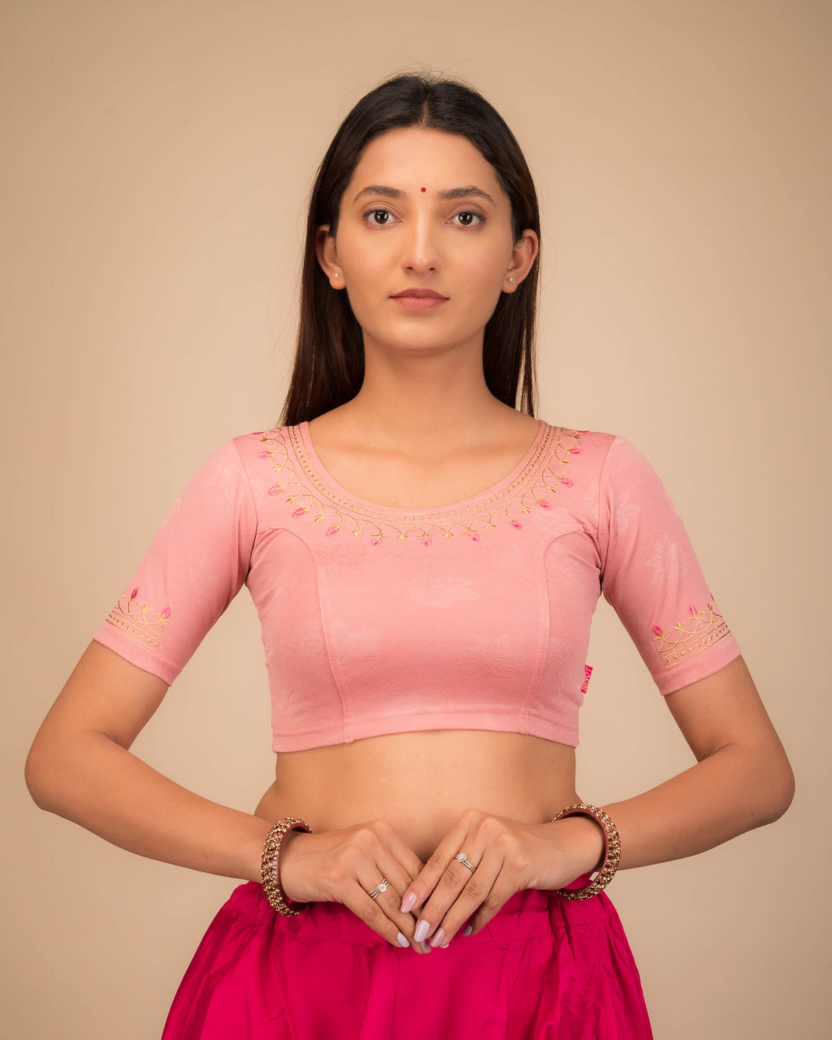 Jhankaar Onion Embroidered Round Neck Stretchable Blouse by Advi